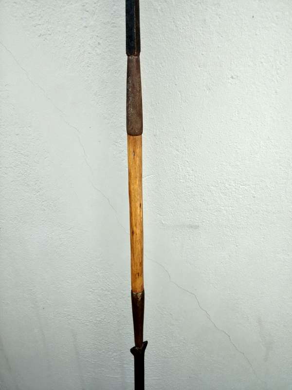 Vintage African Maasai Lion Hunting Spear With Central Wooden Grip And A Spear Head To Either End