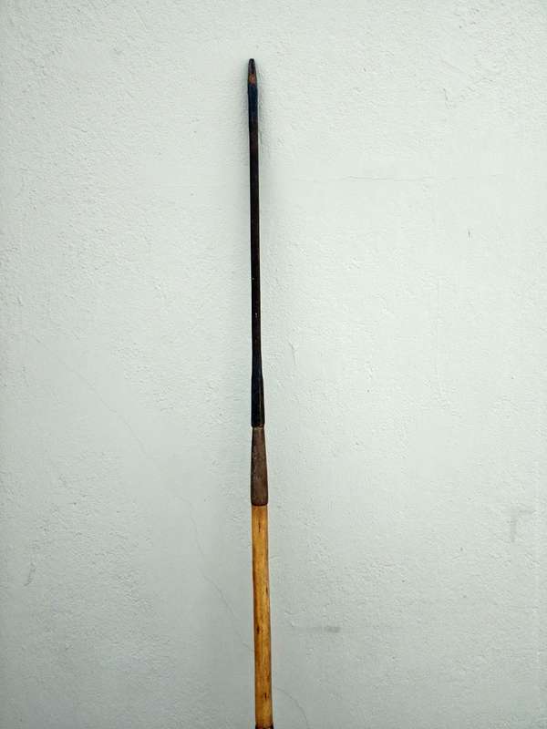 Vintage African Maasai Lion Hunting Spear With Central Wooden Grip And A Spear Head To Either End