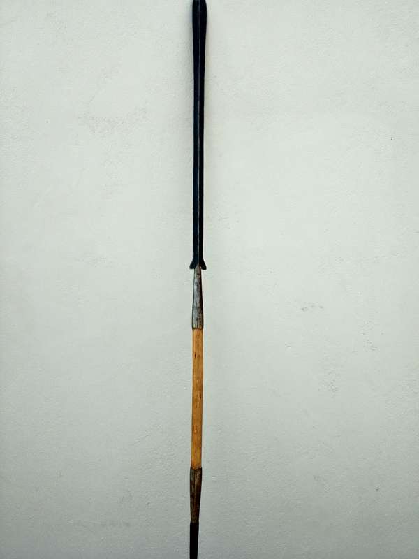 Vintage African Maasai Lion Hunting Spear With Central Wooden Grip And A Spear Head To Either End