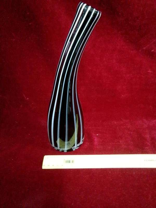 Stunning Vintage Murano Glass Vase - Black Color With White Swirl Designs