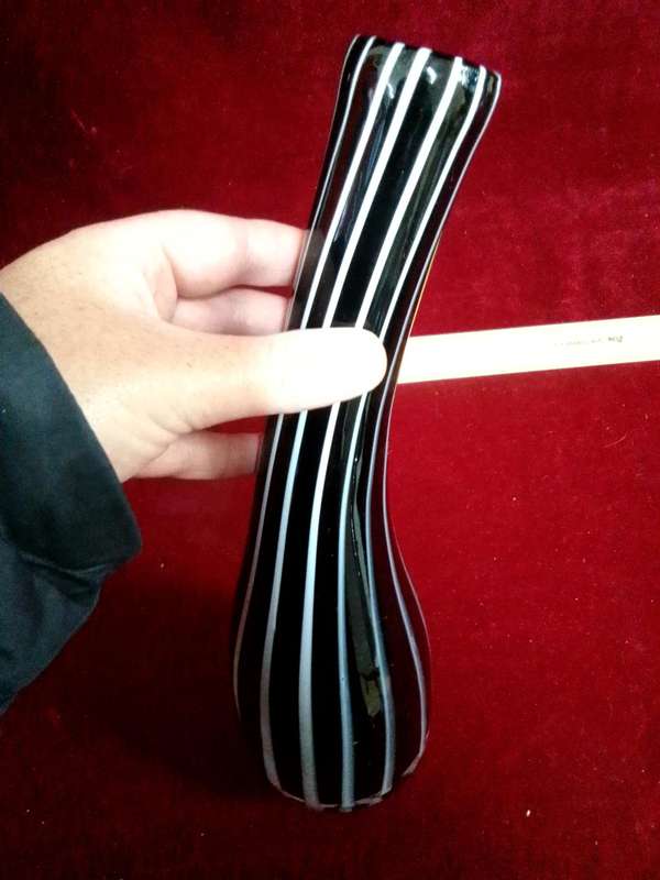 Stunning Vintage Murano Glass Vase - Black Color With White Swirl Designs