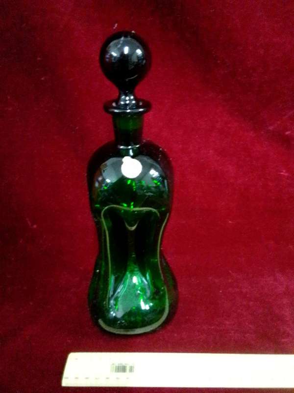 Stunning Vintage Danish Modern 1960's Homegaard Curved Glass Decanter Emerald Green