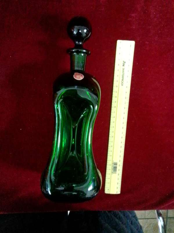 Stunning Vintage Danish Modern 1960's Homegaard Curved Glass Decanter Emerald Green
