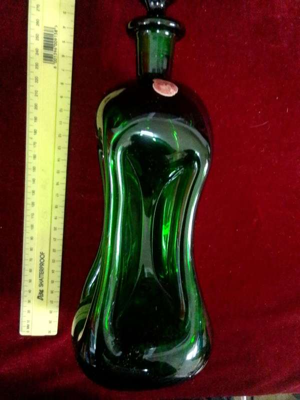 Stunning Vintage Danish Modern 1960's Homegaard Curved Glass Decanter Emerald Green