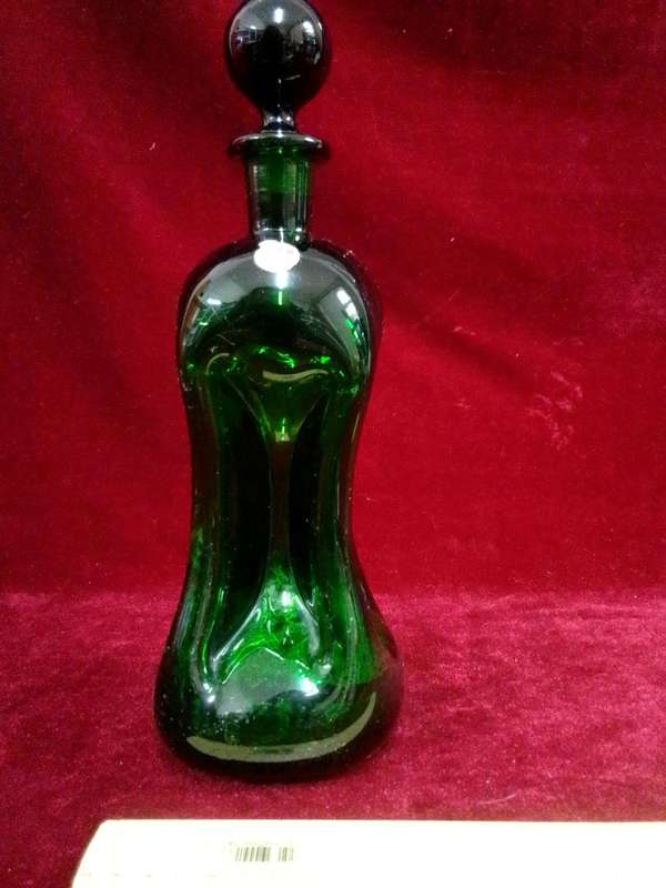 Stunning Vintage Danish Modern 1960's Homegaard Curved Glass Decanter Emerald Green