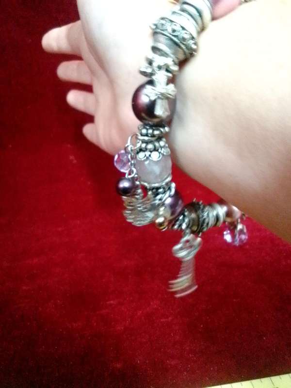 Beautiful Silver Tone Bracelet With Charms And Metal lined Beads Purple and Pink-Excellent Condition