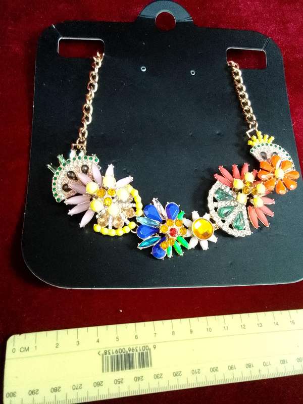 Beautiful Multi Colour Floral Statement Necklace With Gold Coloured Chain - Excellent Condition