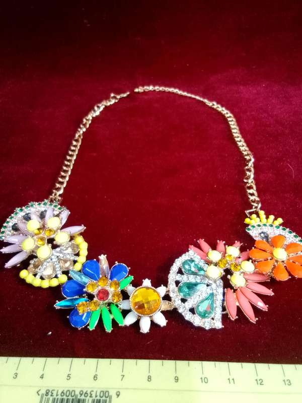 Beautiful Multi Colour Floral Statement Necklace With Gold Coloured Chain - Excellent Condition