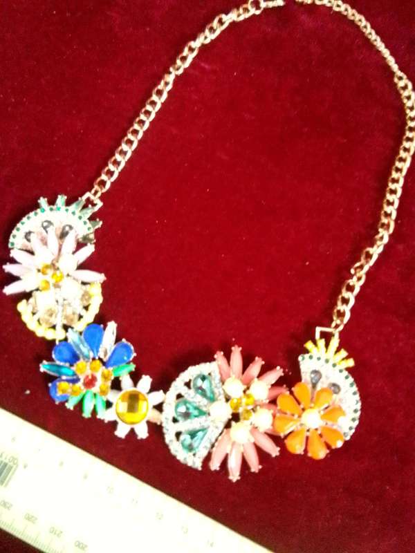Beautiful Multi Colour Floral Statement Necklace With Gold Coloured Chain - Excellent Condition