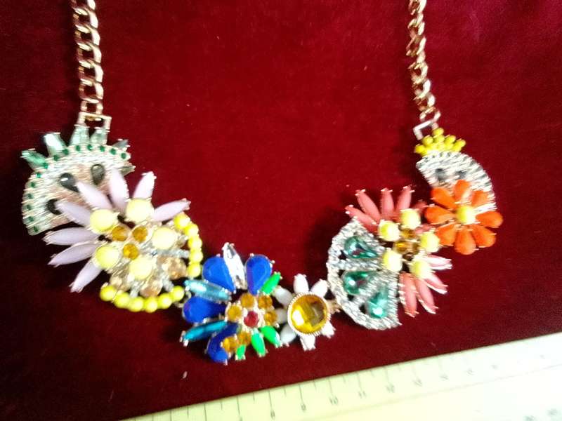 Beautiful Multi Colour Floral Statement Necklace With Gold Coloured Chain - Excellent Condition