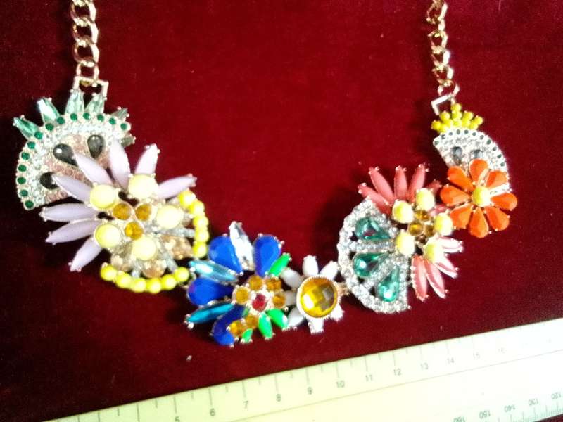 Beautiful Multi Colour Floral Statement Necklace With Gold Coloured Chain - Excellent Condition