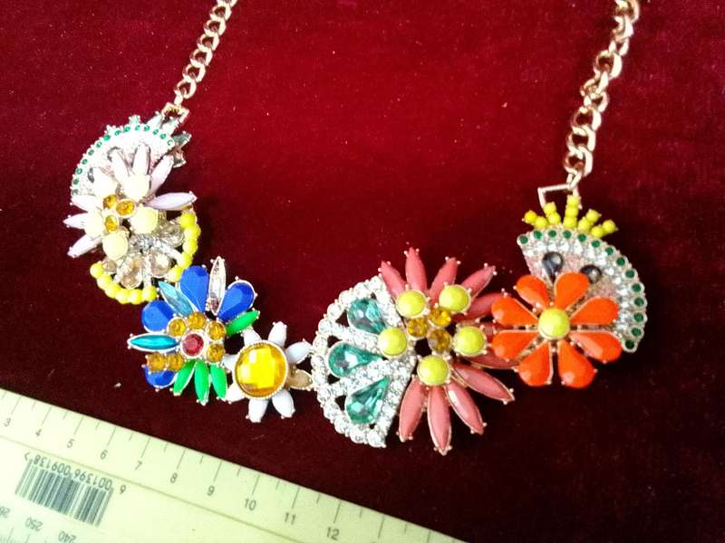 Beautiful Multi Colour Floral Statement Necklace With Gold Coloured Chain - Excellent Condition