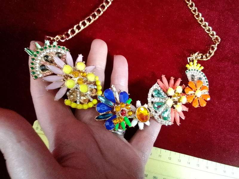 Beautiful Multi Colour Floral Statement Necklace With Gold Coloured Chain - Excellent Condition
