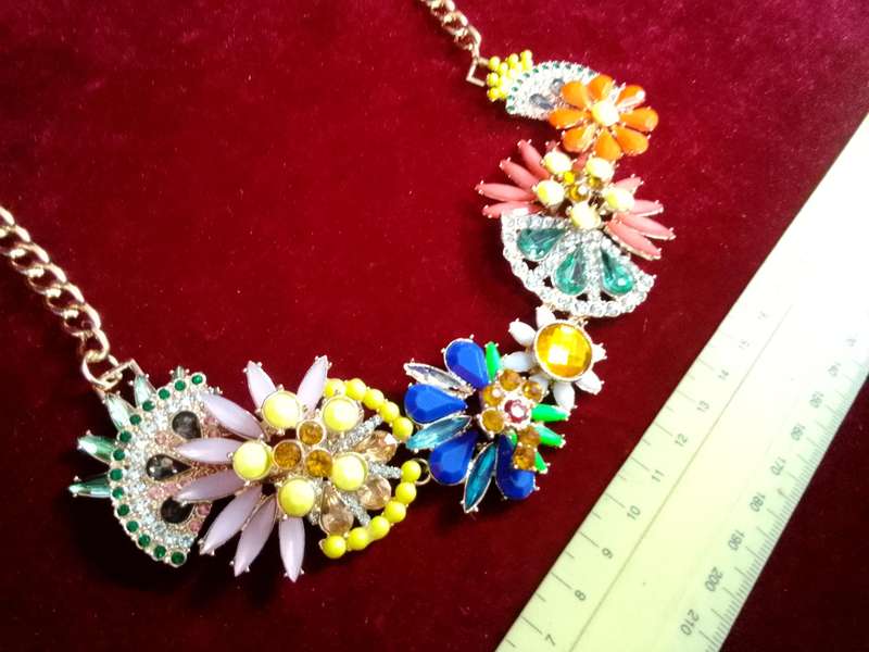Beautiful Multi Colour Floral Statement Necklace With Gold Coloured Chain - Excellent Condition