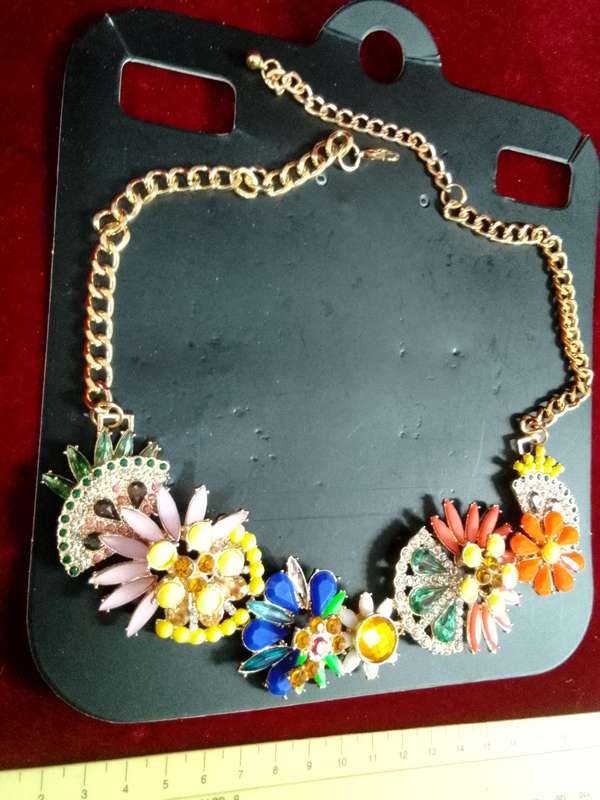 Beautiful Multi Colour Floral Statement Necklace With Gold Coloured Chain - Excellent Condition