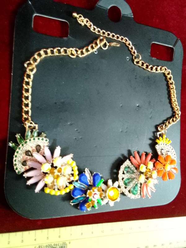 Beautiful Multi Colour Floral Statement Necklace With Gold Coloured Chain - Excellent Condition
