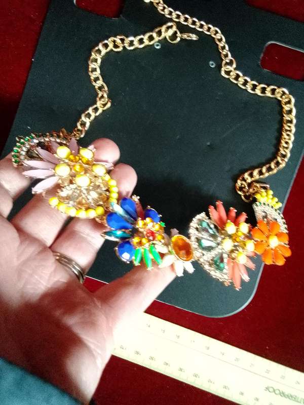 Beautiful Multi Colour Floral Statement Necklace With Gold Coloured Chain - Excellent Condition