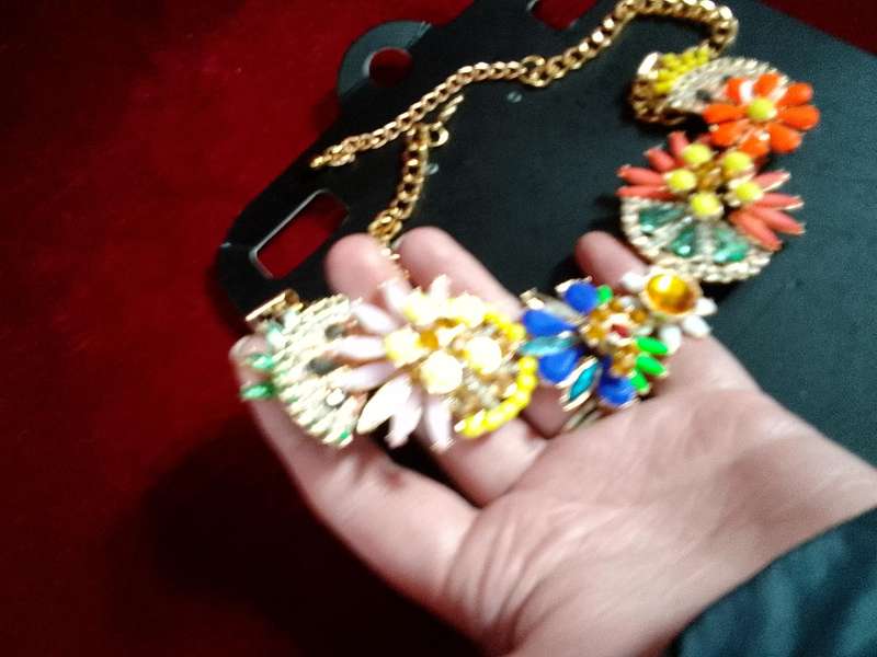 Beautiful Multi Colour Floral Statement Necklace With Gold Coloured Chain - Excellent Condition