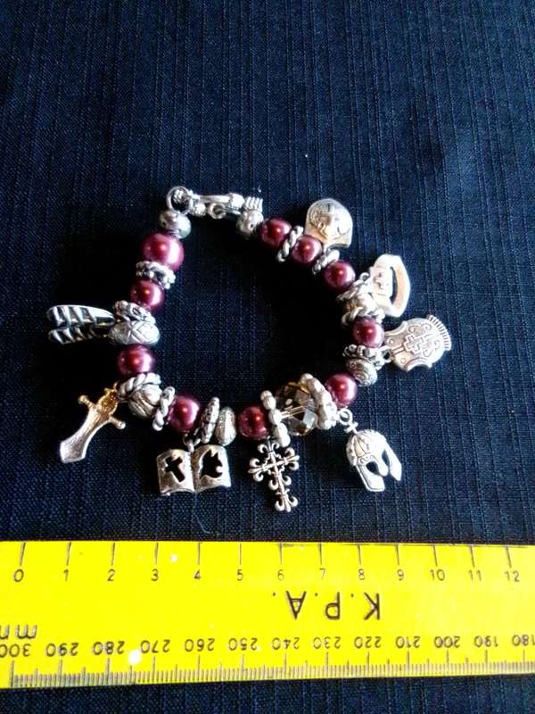 Stunning Purple Beaded Christian Armour Charm Bracelet - Excellent Condition