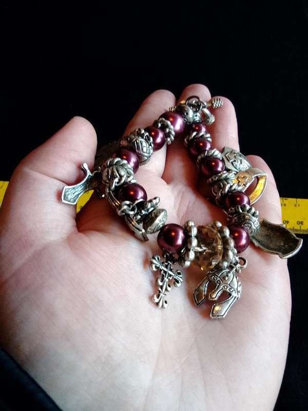 Stunning Purple Beaded Christian Armour Charm Bracelet - Excellent Condition