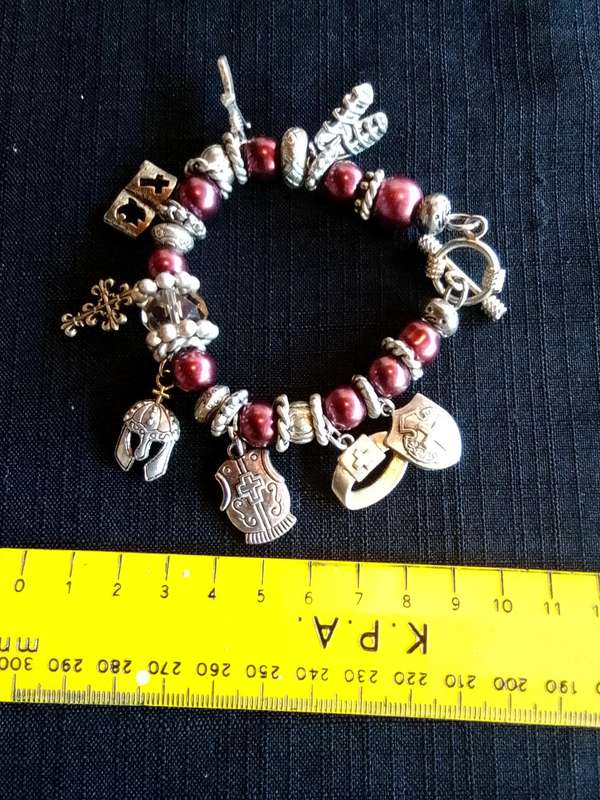 Stunning Purple Beaded Christian Armour Charm Bracelet - Excellent Condition
