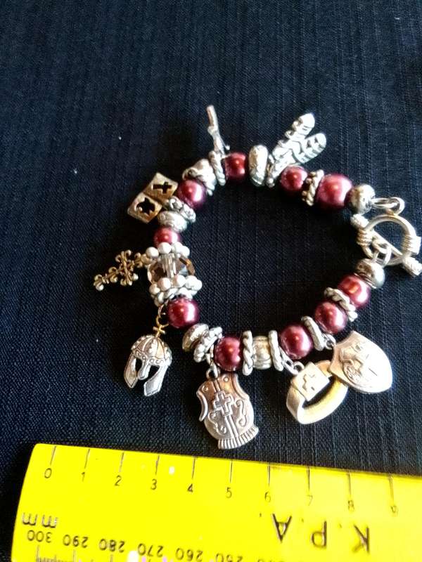 Stunning Purple Beaded Christian Armour Charm Bracelet - Excellent Condition