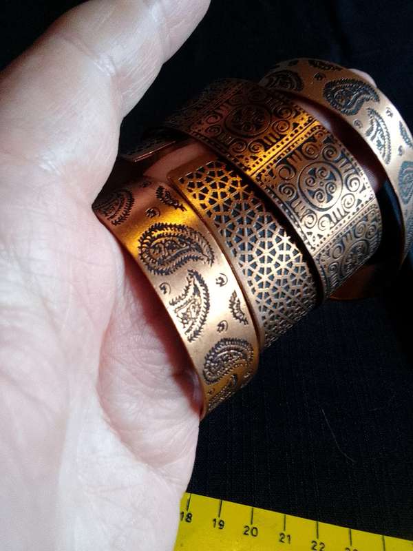 Beautiful Collection Of Seven Engraved Copper Coloured Bangles - Excellent Condition