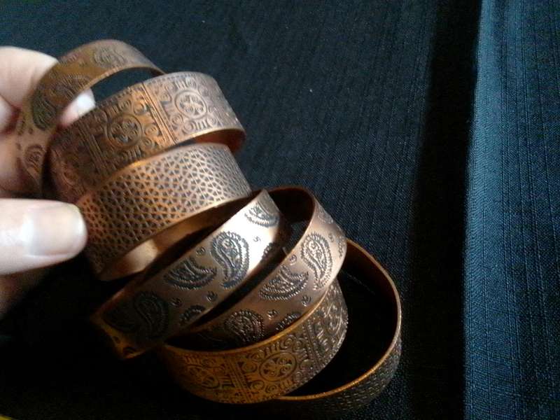 Beautiful Collection Of Seven Engraved Copper Coloured Bangles - Excellent Condition