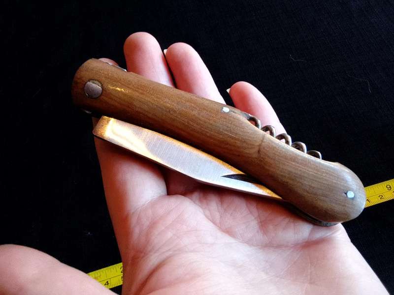 Stunning Stainless Steel  Folding Pocket Knife With Corkscrew And Wooden Handle-Good Condition