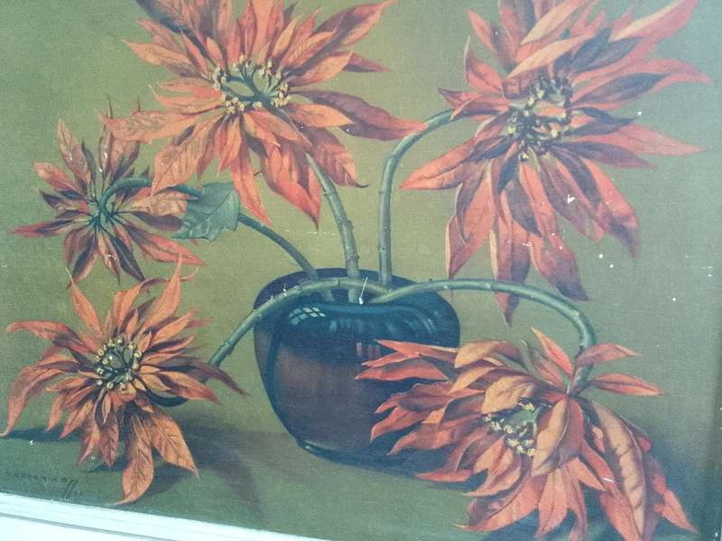 Beautiful 1951 Print Of International Artist Vladimur Trenchikoff 1913-2006 -Poinsettias  - See Desp