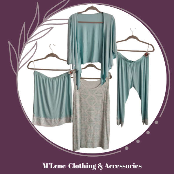 Sleeveless shift dress with matching leggings, mini skirt and waterfall cardi - Aqua & White - 2XL