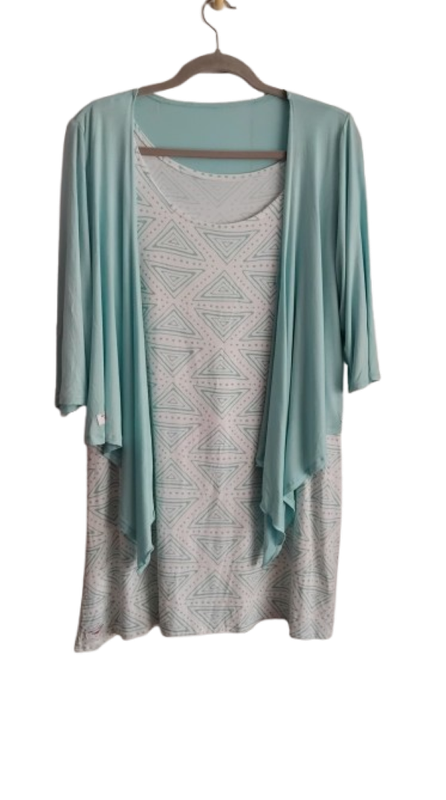Sleeveless shift dress with matching leggings, mini skirt and waterfall cardi - Aqua & White - 2XL