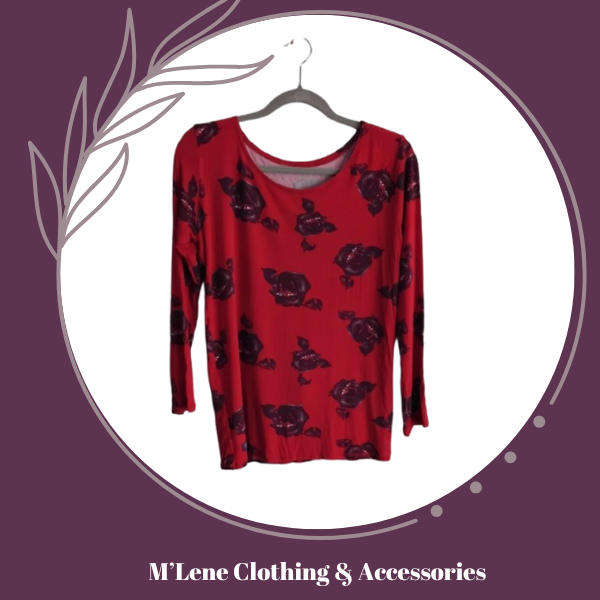 Longsleeve T-shirt - Red with Purple Rose Print - L
