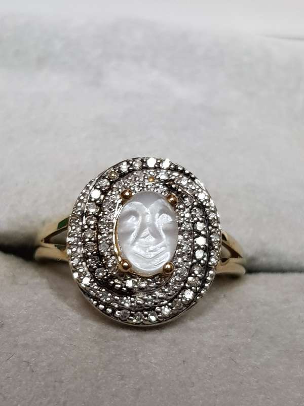 10ct Yellow Gold Carved Man in the Moon Moonstone and Diamond Swirl Ring