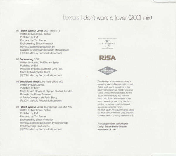 Texas - I Don't Want A Lover (2001 Mix) CD Single