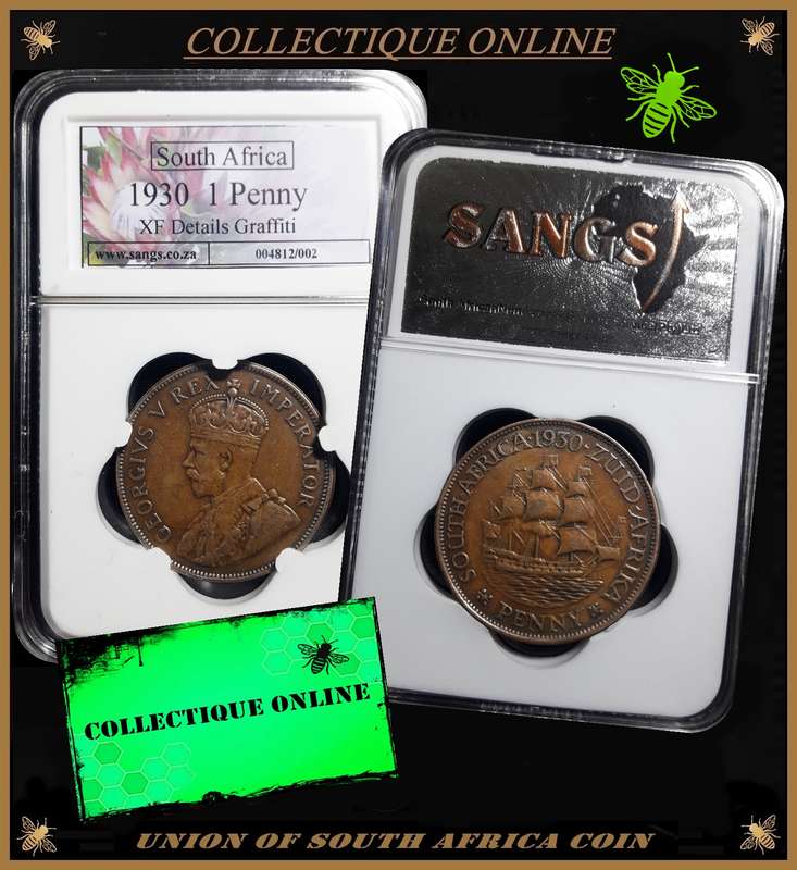 1930 : UNION of S. A. : 1 PENNY : XF DETAILS GRAFFITI : GRADE By S.A.N.G.S.
