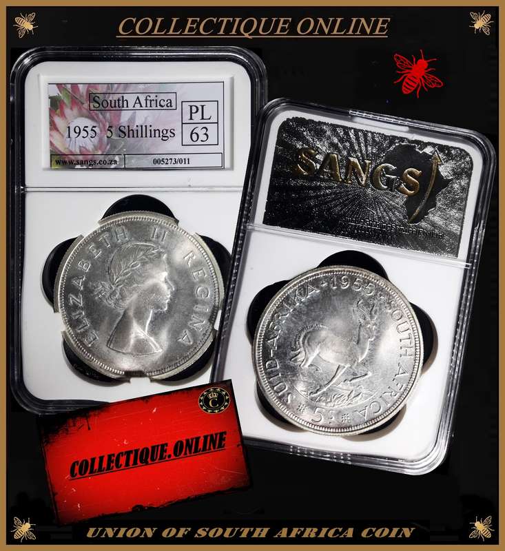 1955 : Union of S. A. : 5 SCHILLINGS : LOW MINTED : 45.080 : GRADED PL 63 : GRADE By S.A.N.G.S.