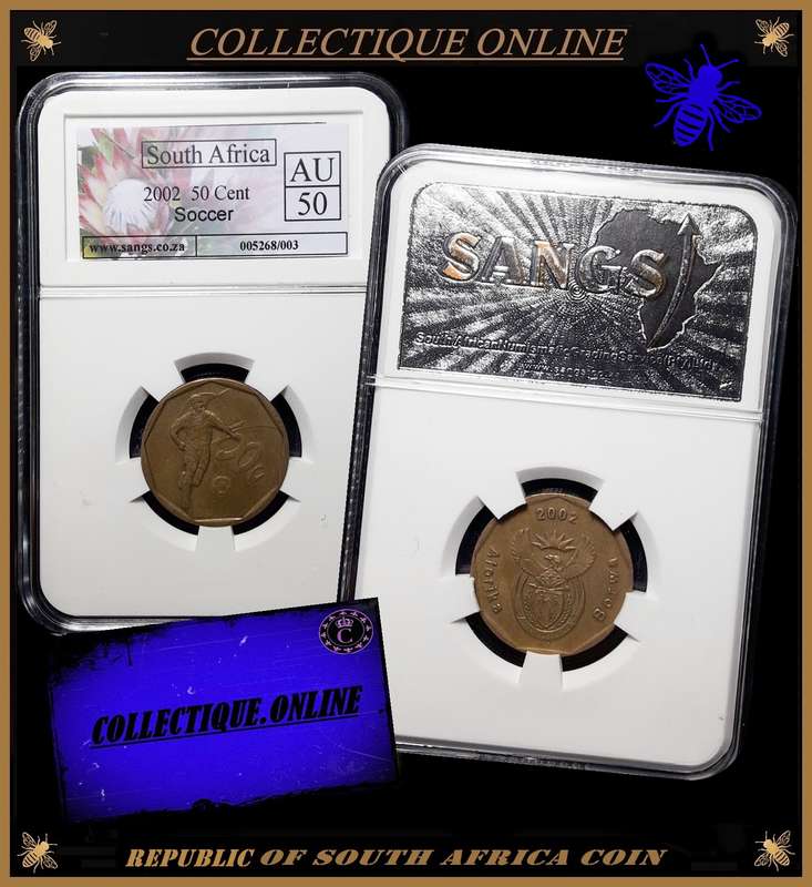 2002 : REPUBLIC of S. A. : 50 CENT : SOCCER : GRADED AU 50 : GRADE By S.A.N.G.S.