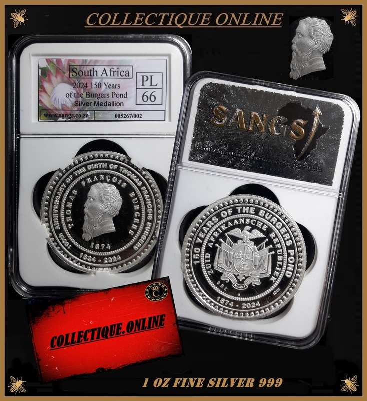 2024 : 1 OZ (AG 999) FINE SILVER MEDALLION : 150 yrs of Burgers Pond :  PL 66 : GRADED by S.A.N.G.S.