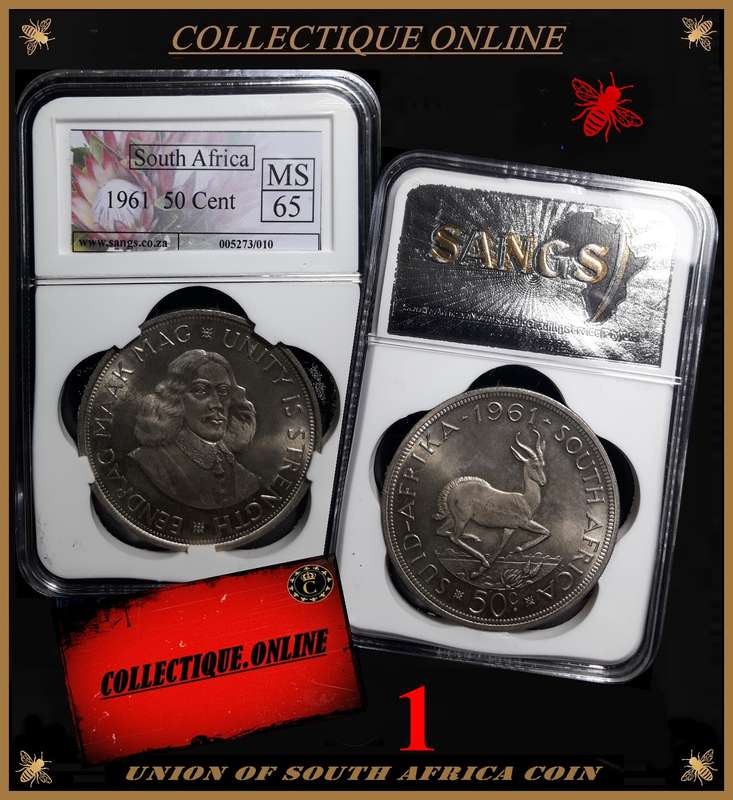 1961 : REPUBLIC of S. A. : 50 Cent : LOW MINTED : 54.746 : GRADED MS 65 : 1 of 2 GRADE By S.A.N.G.S.