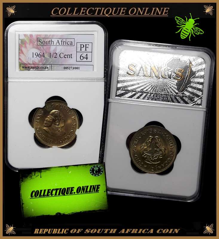 1964 : Republic  of S. A. : 1/2 Cent : EXCELLENT COIN GRADED PF 64 : GRADE By S.A.N.G.S.