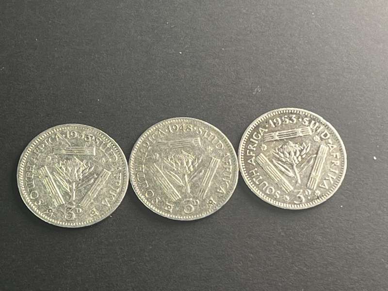 Three SA silver Threepence 2 x .800 and 1 x .500