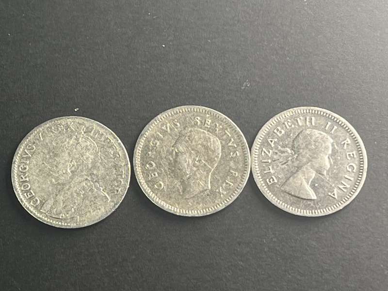Three SA silver Threepence 2 x .800 and 1 x .500