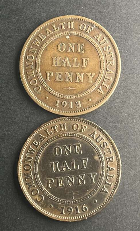 set of two Australian Half Pennies 1913 and 1916 bronze