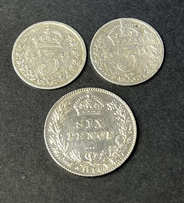 One x six pence (Victoria) and 2 x 3 pence (Victorian and George) 1896, 1891, 1916
