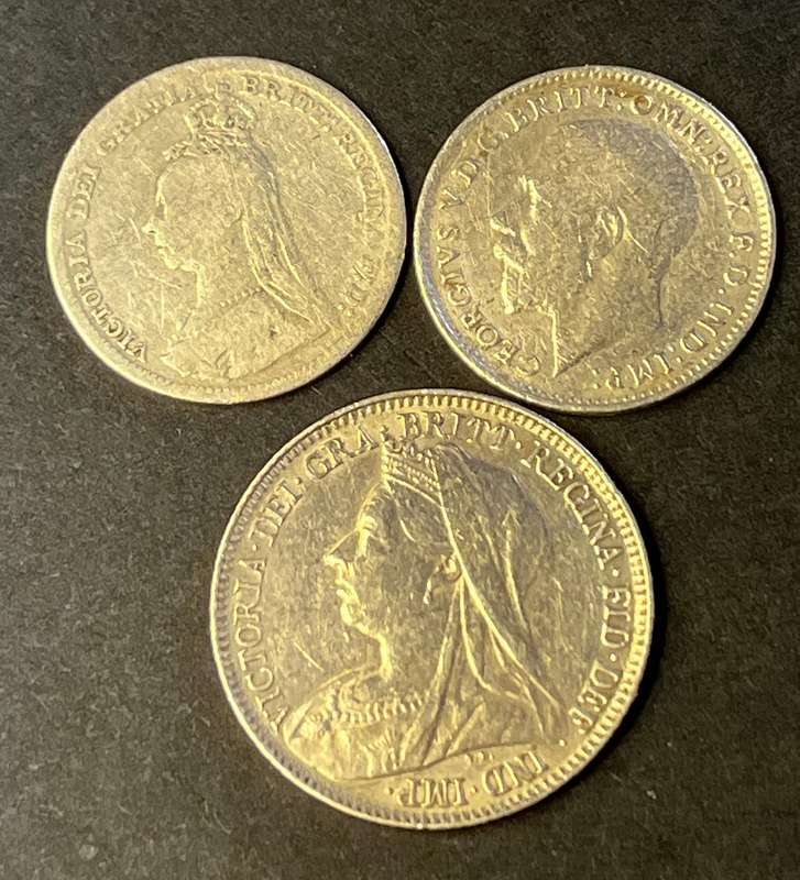 One x six pence (Victoria) and 2 x 3 pence (Victorian and George) 1896, 1891, 1916