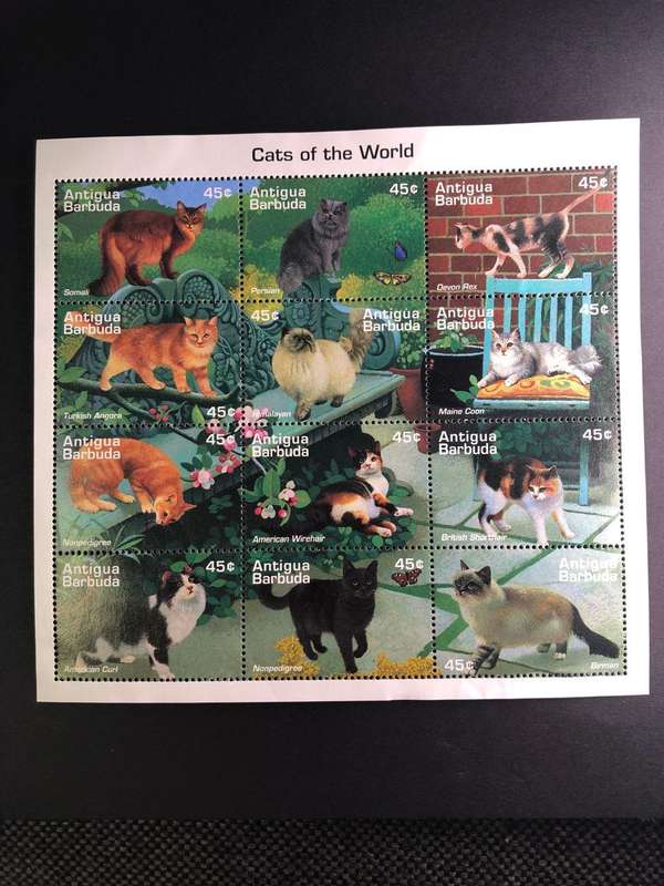 Cats of the world UMM sheet of 12 Assorted Cats/Stamps Antigua Barbuda