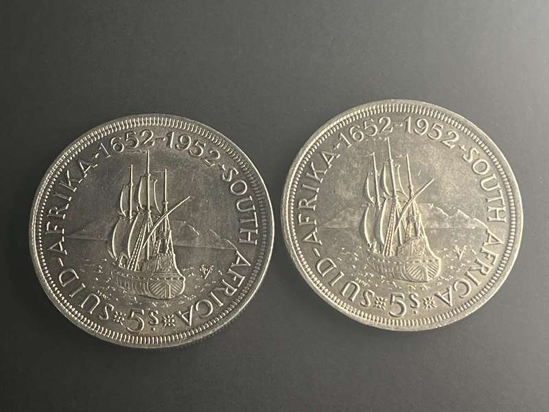 2 x 300th anniversary founding of Cape Town. Five shilling .500 silver