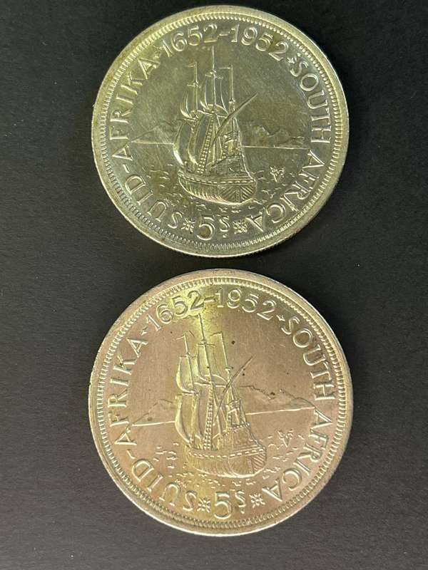 2 x 300th anniversary founding of Cape Town. Five shilling .500 silver