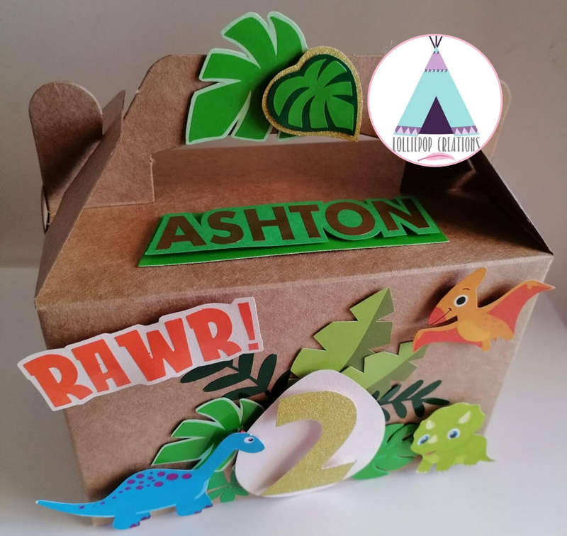 Dinosaur Cartoon Themed and Personalised Party Boxes (10 Boxes) PLUS 10 FREE Cupcake Toppers